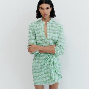 Mango Green Check Mini Faux Wrap Dress